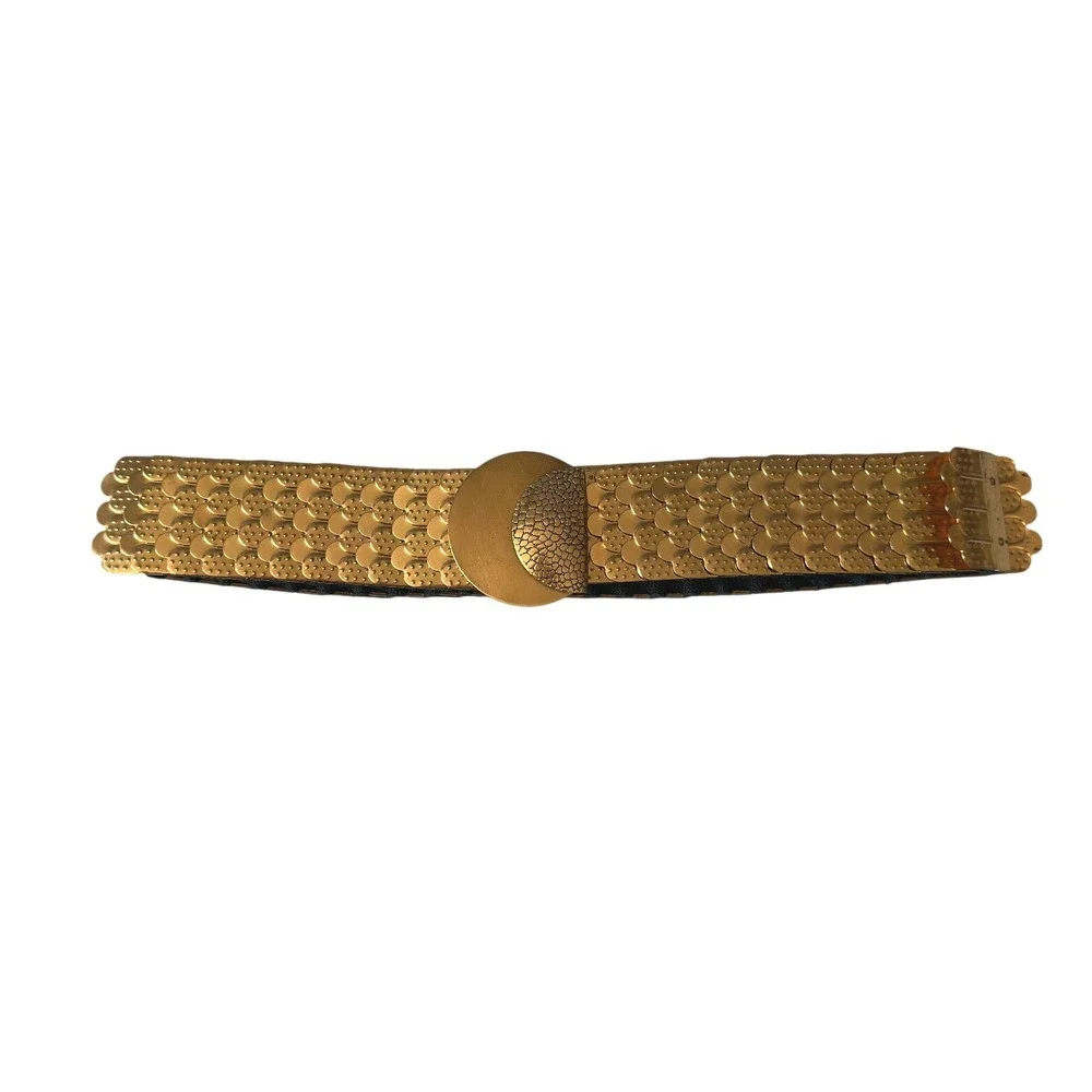 Vintage 70s 80s Gold Fish Scale Mail Stretch Belt Metallic Disco Cinch Waist